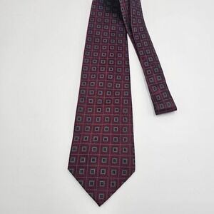 Courage Hand Sewn Silk Tie Burgundy Red Gray Geometric Square Pattern Classic...